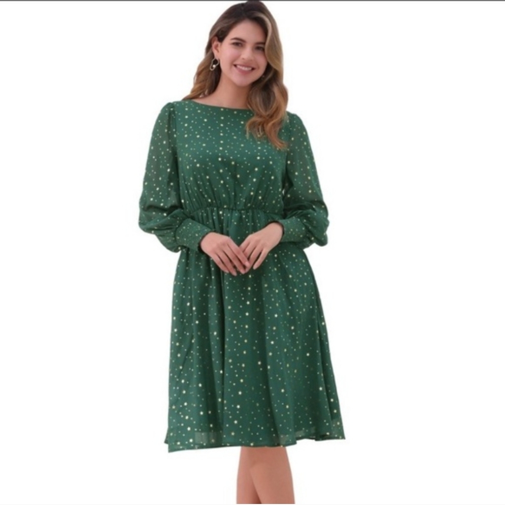 Allegra K Dress NWT Size M Green Gold Midi Long Sleeve Lined Elastic At Waist